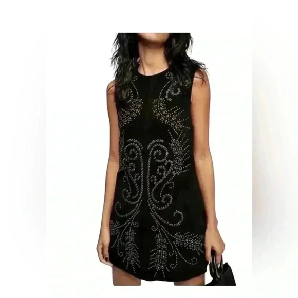 Free People Wynonna Studded Suede Embellished Black Mini Dress Leather S - Picture 3 of 13